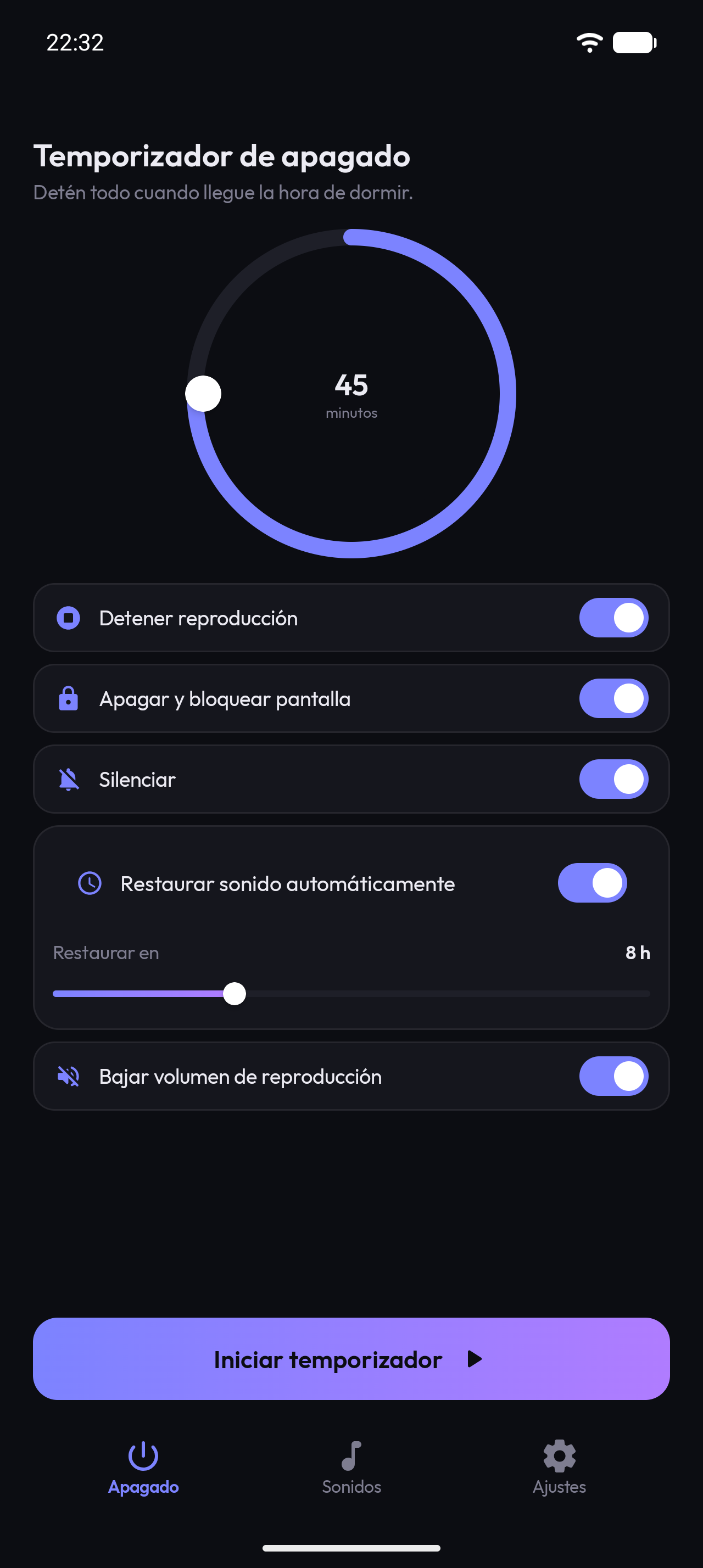 Pantalla principal de Nexo Sleep Timer: dial circular con 45 minutos y las acciones de apagado activadas.