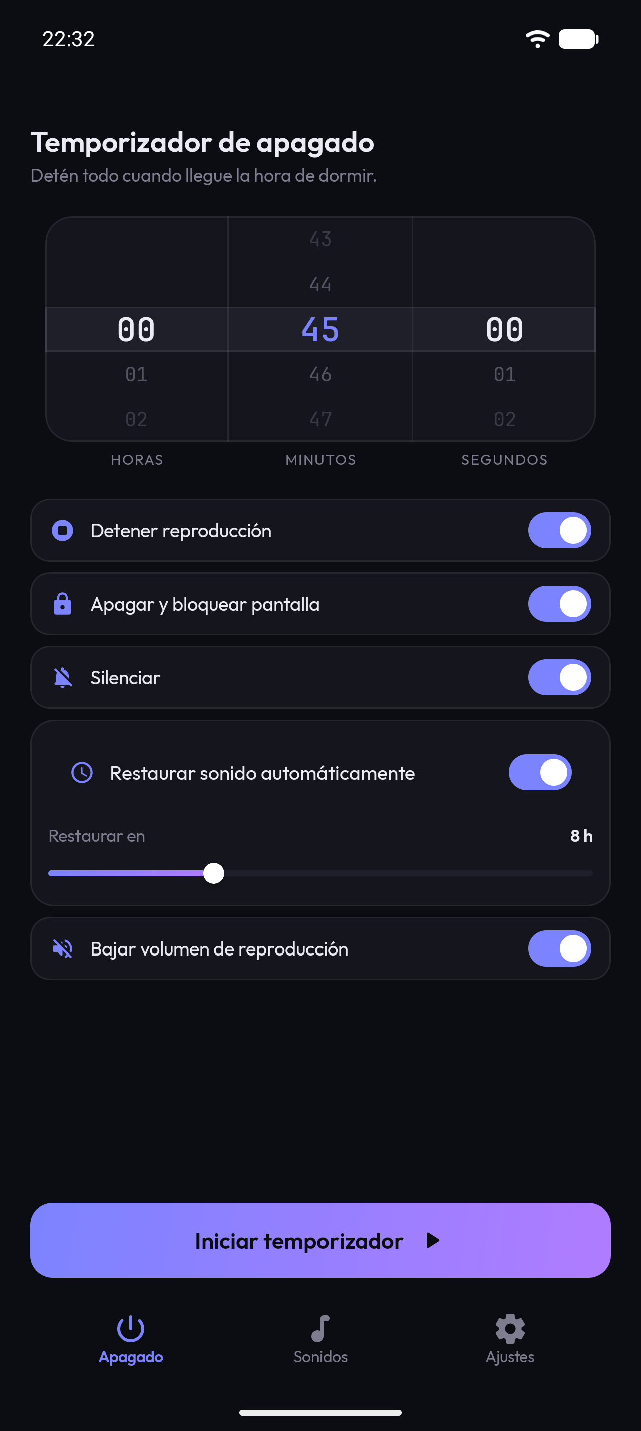 Selector de duración en modo numérico, con ruedas de horas, minutos y segundos.