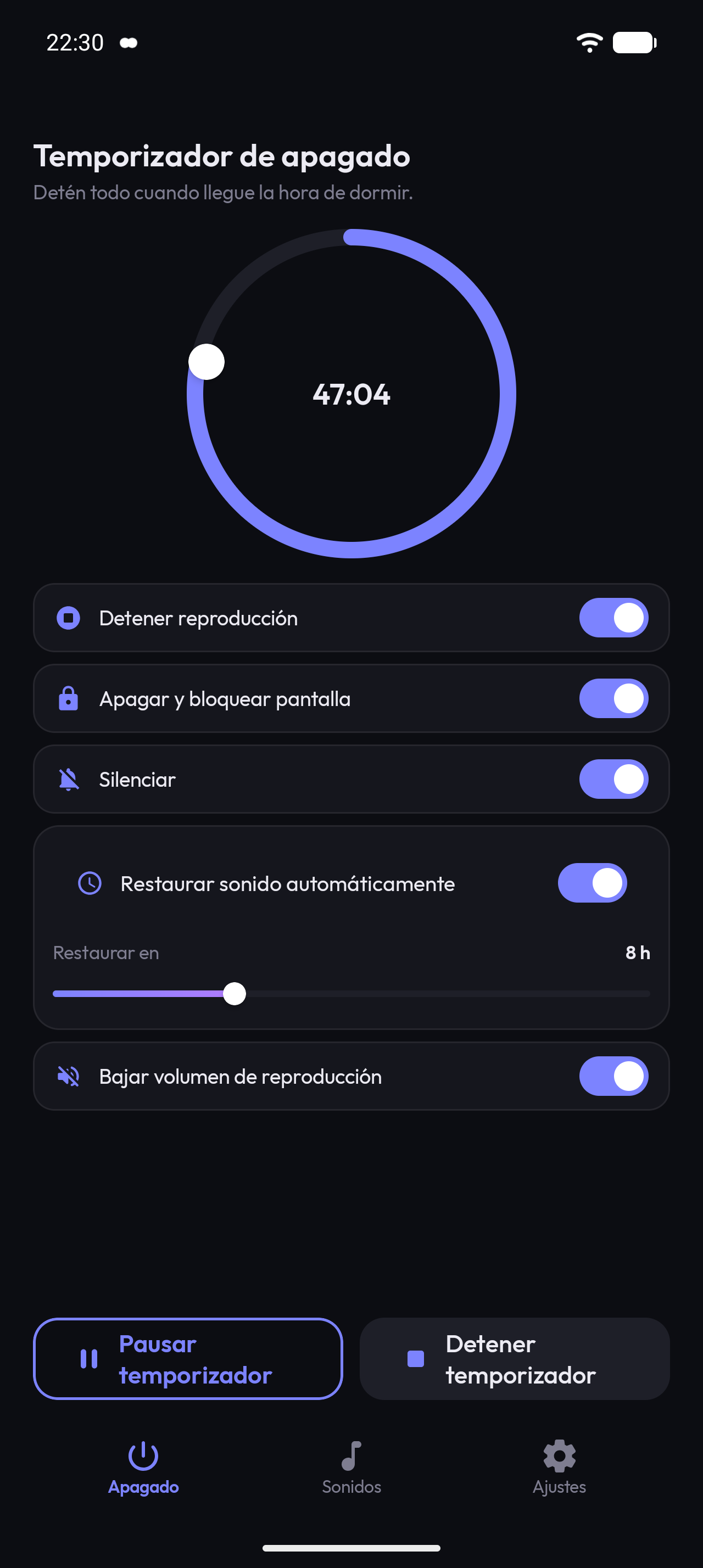 Temporizador en marcha con la cuenta atrás en 47:04 y los botones de pausar y detener.