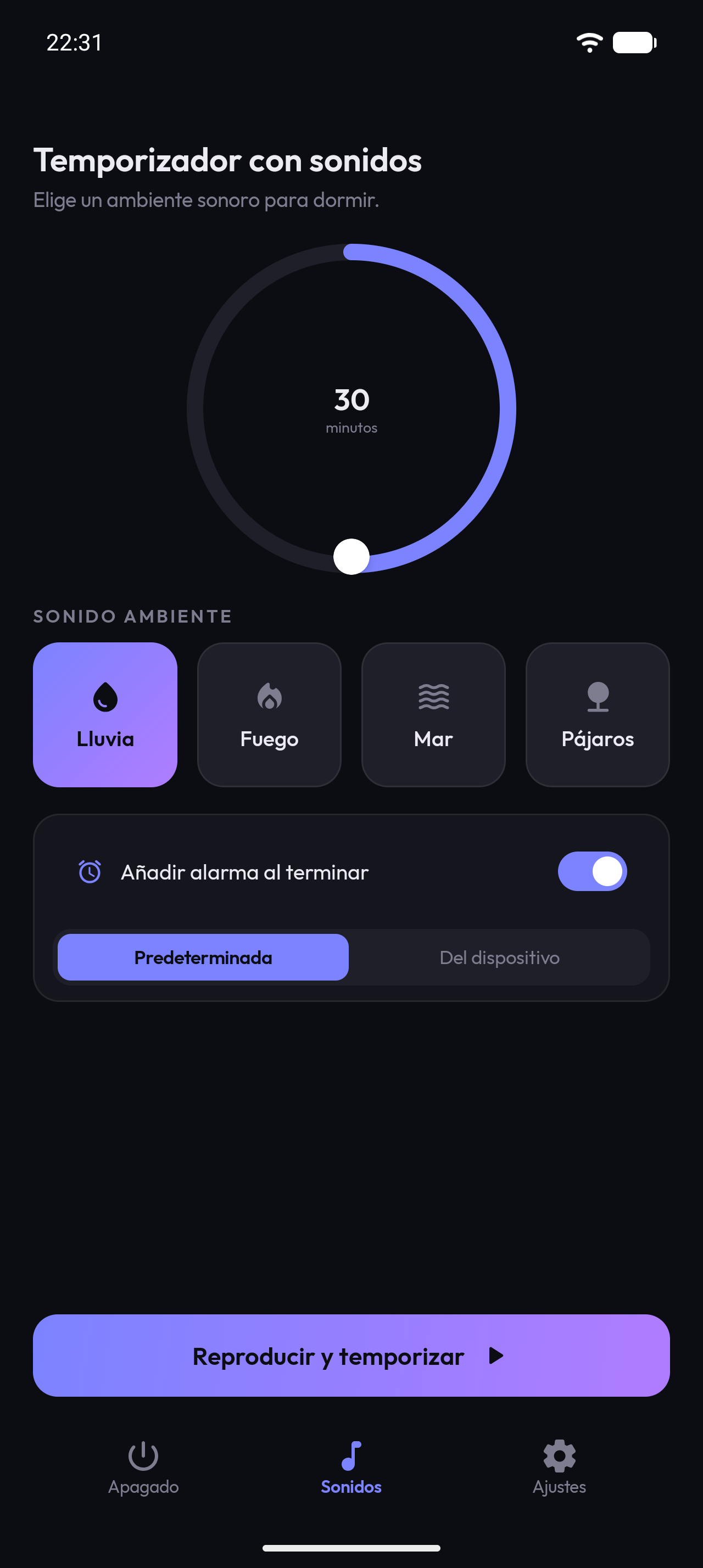 Pantalla de sonidos ambientales con lluvia, fuego, mar y pájaros, y la opción de añadir alarma al terminar.