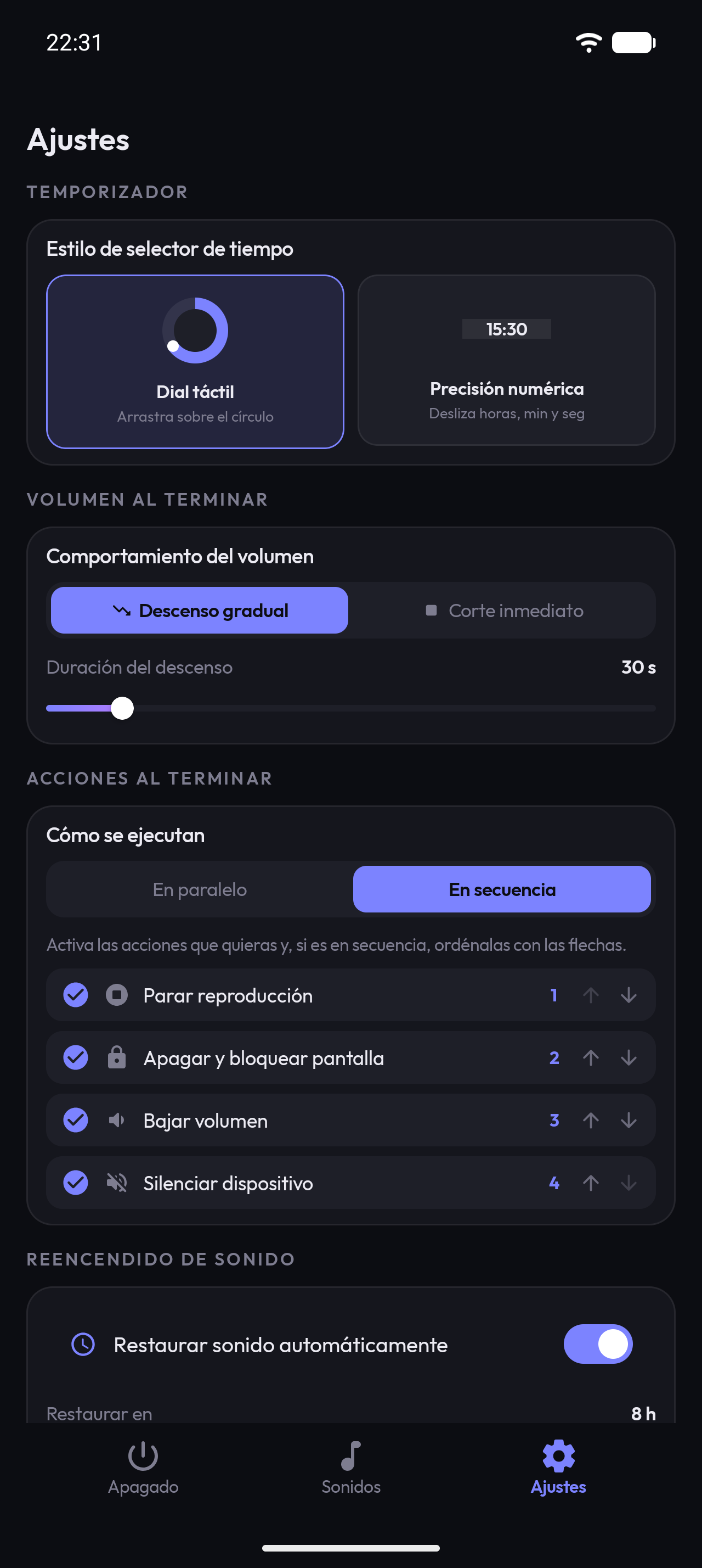 Pantalla de ajustes: estilo del selector de tiempo, comportamiento del volumen y orden de las acciones al terminar.